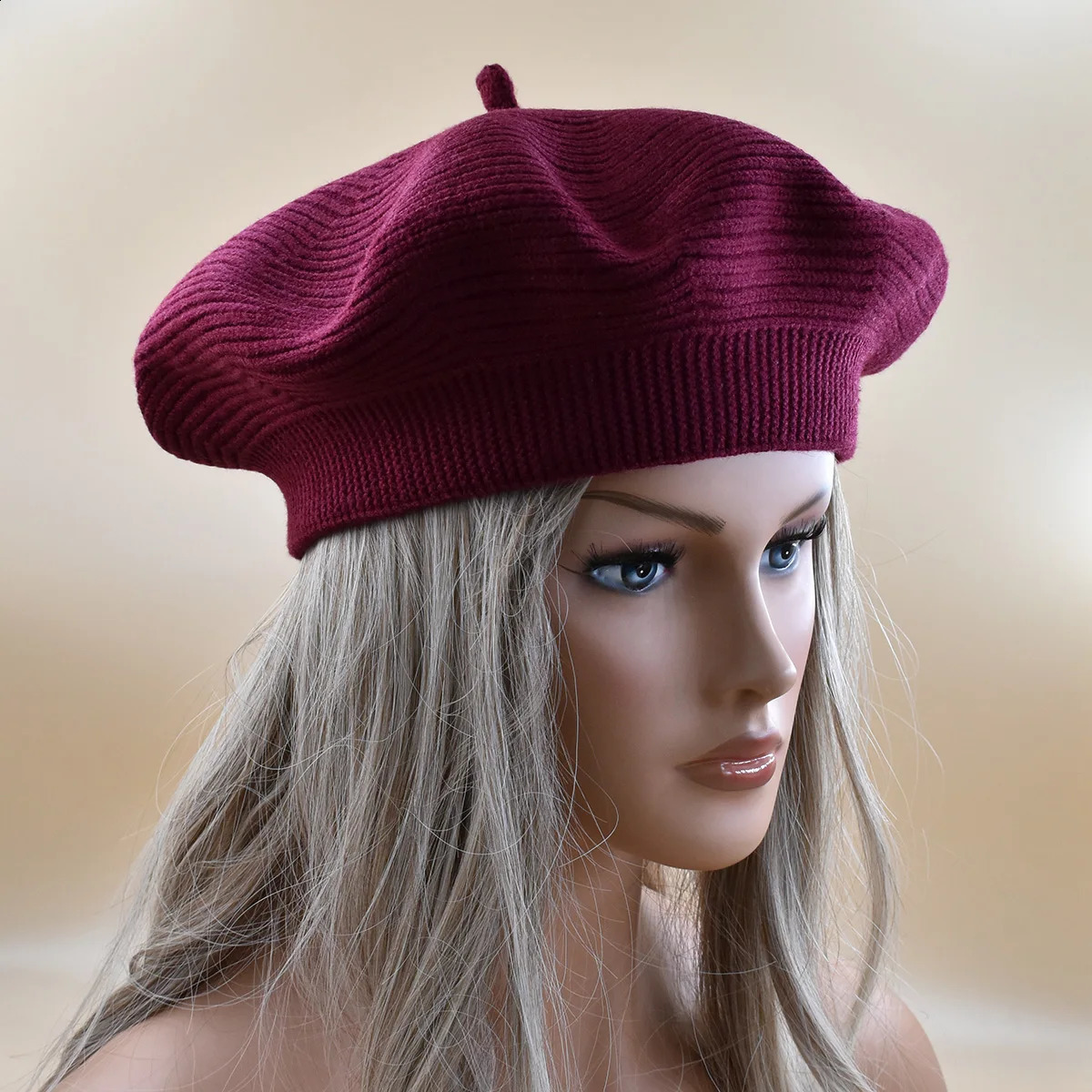Women wine red Berets Fashion Solid Color Cotton Knitted Berets With Ladies Beanie Beret cap Winter warm textured beret hat 260916