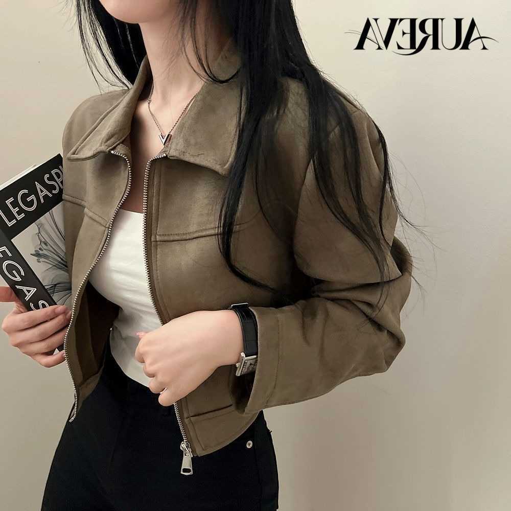 Chic Autumn Korean Vintage Stylish Collar Zipper Loose Versatile Long Sleeve Leather Velvet Short Jacket Women's OuterwearT260916