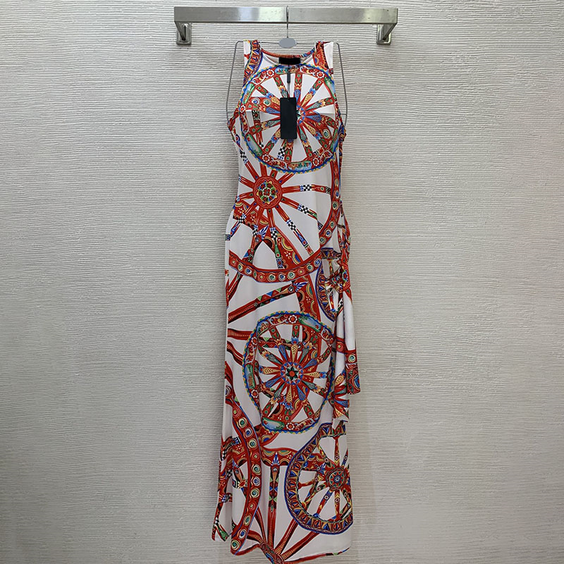 Sleeveless Halter Maxi Dress Luxury Women Carriage Wheel Print Stretch Vintage Long Dresses Summer Vacation Beach Party Pencil Dress