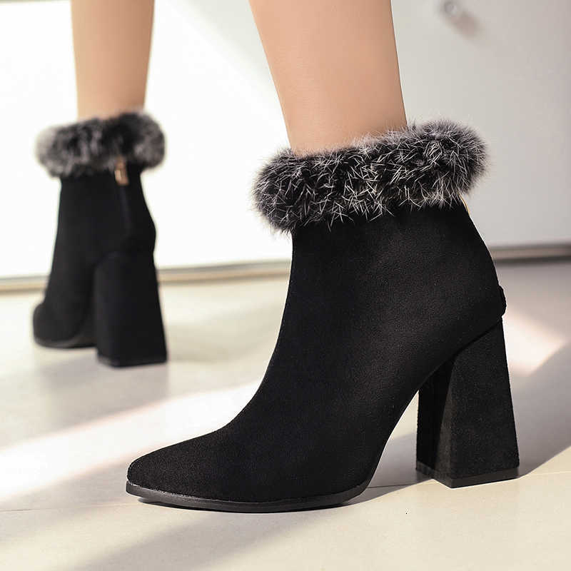 Velvet Plus Spliced Size Fur Back Zipper Pointed Ultra-High Thick Heel Plush Inner Short Boots For Winter Women's Ankle Boots D260916