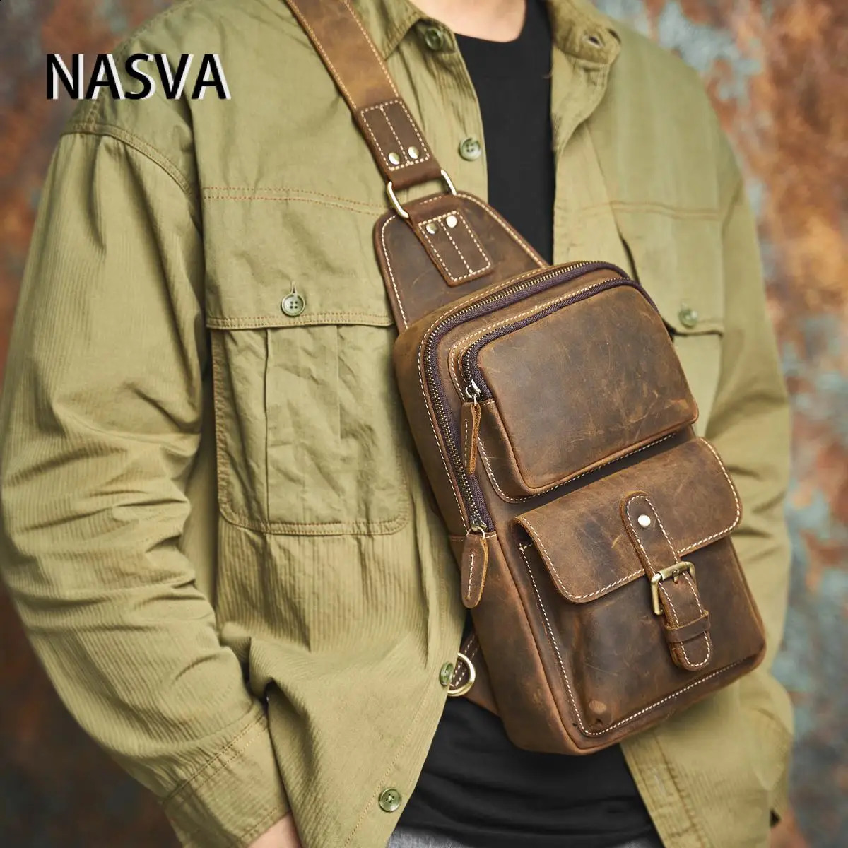 NASVA Genuine Leather Men's Chest Bag Vintage Sling Bag For Men Crossbody Shoulder Bag Casual Small Backpack 260916
