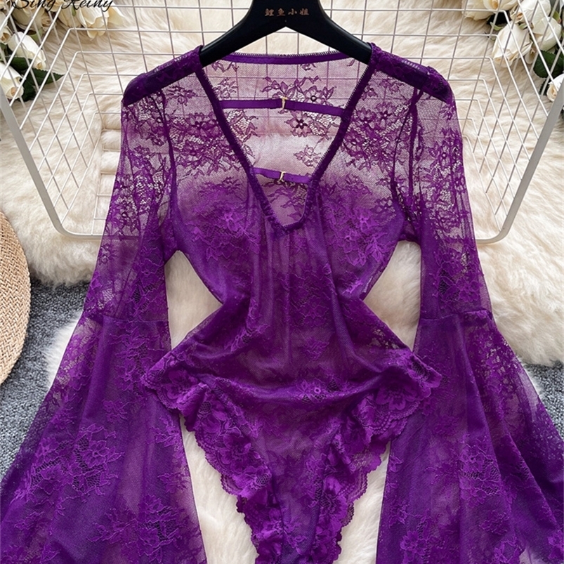 SINGREINY Long Flare Sleeves Lace Playsuits Deep V Hollow Out Open crotch Rompers Female Senior Sexy Streetwear Gauze Bodysuits 260915