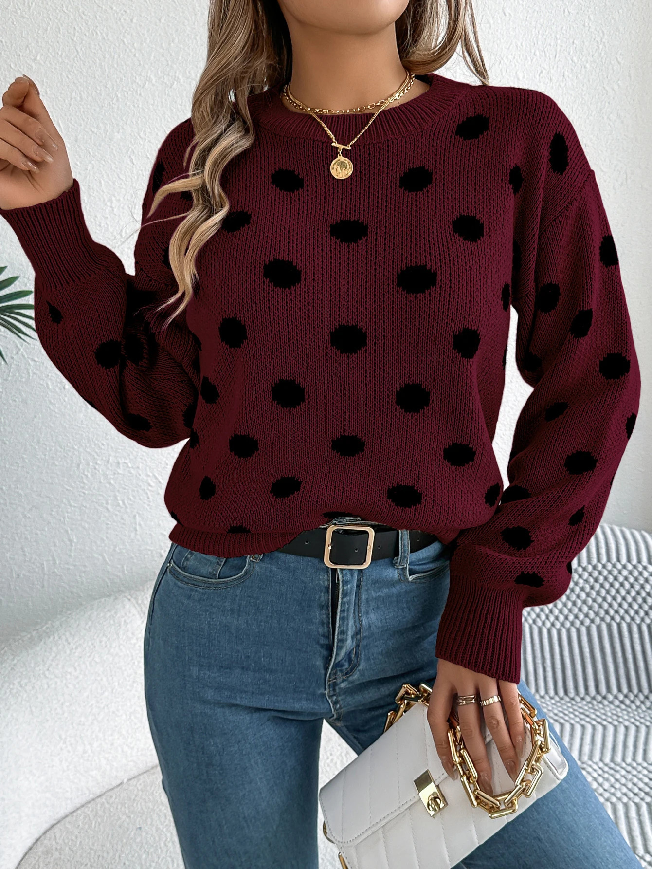 Autumn Winter Fashion Polka Dot Pattern Knitted Sweaters Women 2026 Casual Round Neck Lantern Long Sleeve Pullover Woman Clothes 260916