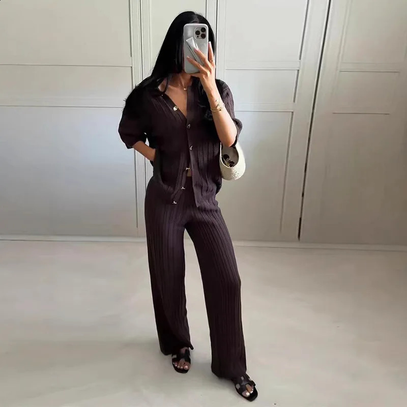 Knitted Pant Set Women Hollow Out Lapel Half Sleeve Cardigan Top Wide Leg Trousers Suit Summer Brown 2 Pieces Set Outfits 260916