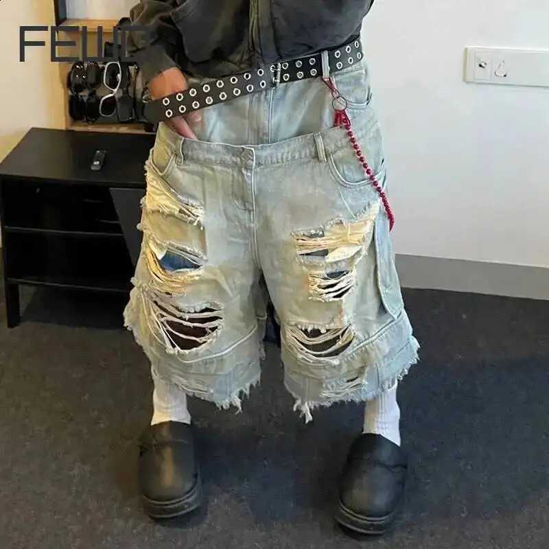 FEWQ Mens American Streetwear TwoPiece Denim Shorts Ripped Baggy Double Waist 7Point Pants 2026 Summer 24W2409 260916