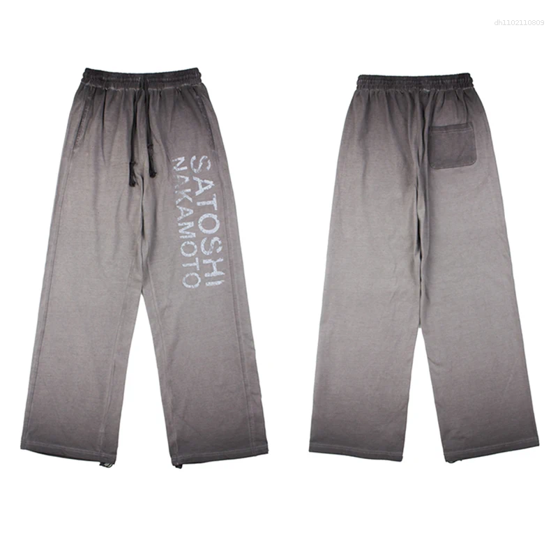 American High Street Trend SATOSHI Sweatpant Classic Retro Letter Washed Print Men's Elastic Waist Casual Pants
