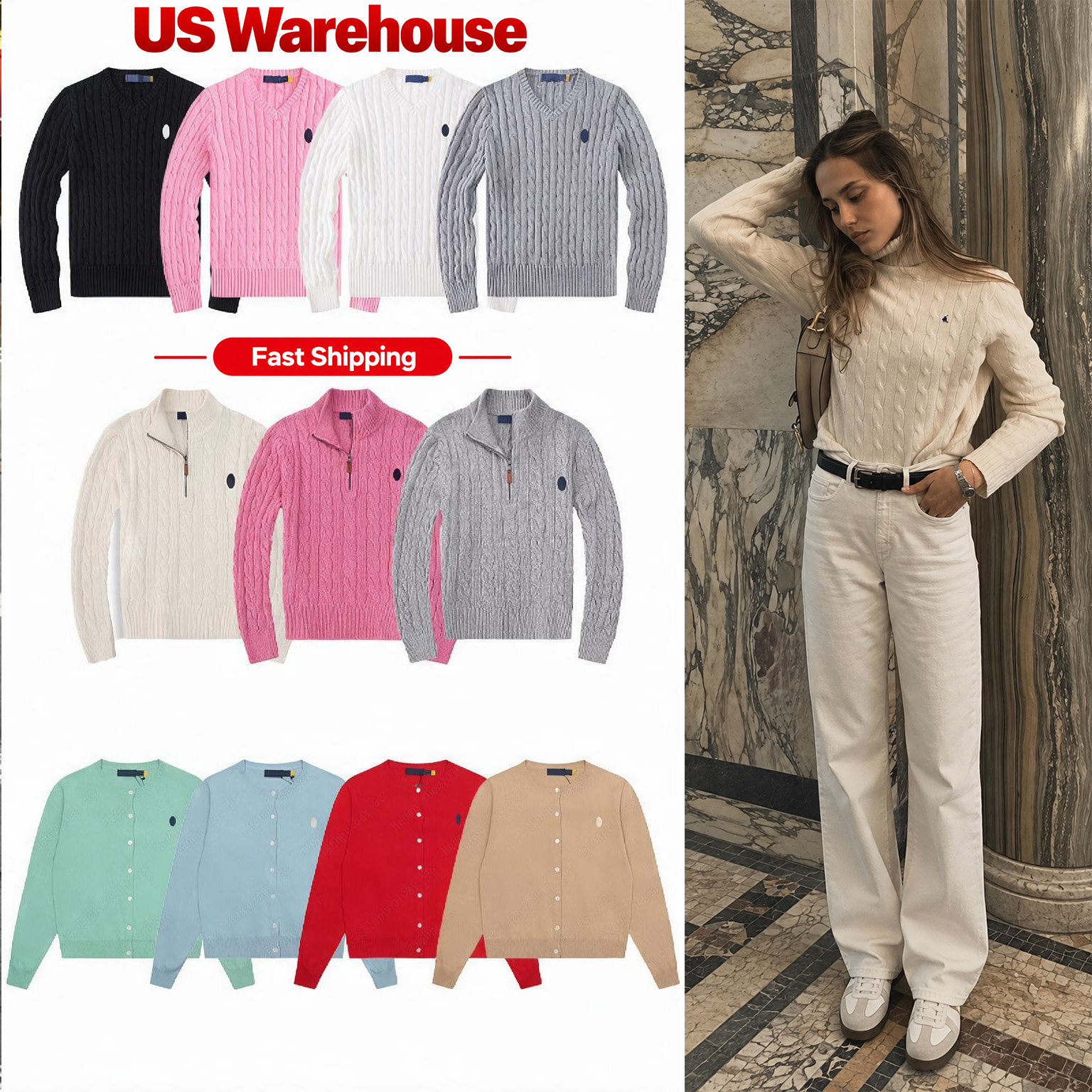 Womens Polo Collection Cable Knit Sweater Cardigan Quarter Zip Pullover Short Sleeve Polo Top Pony Logo Embroidery Vintage Knitted Jumper Autumn Win