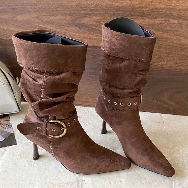 fashion Vintage Sexy Thin Aneikeh High Heels Western Ankle Boots Designer Pleated Strap Short Booties Banquet Shoes D260916