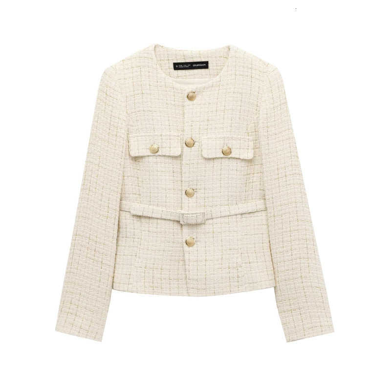 2025 Women's ETJ Spring collection Vintage crewneck Fashion Gold button-up belt textured casual blazer for women jacketT260916