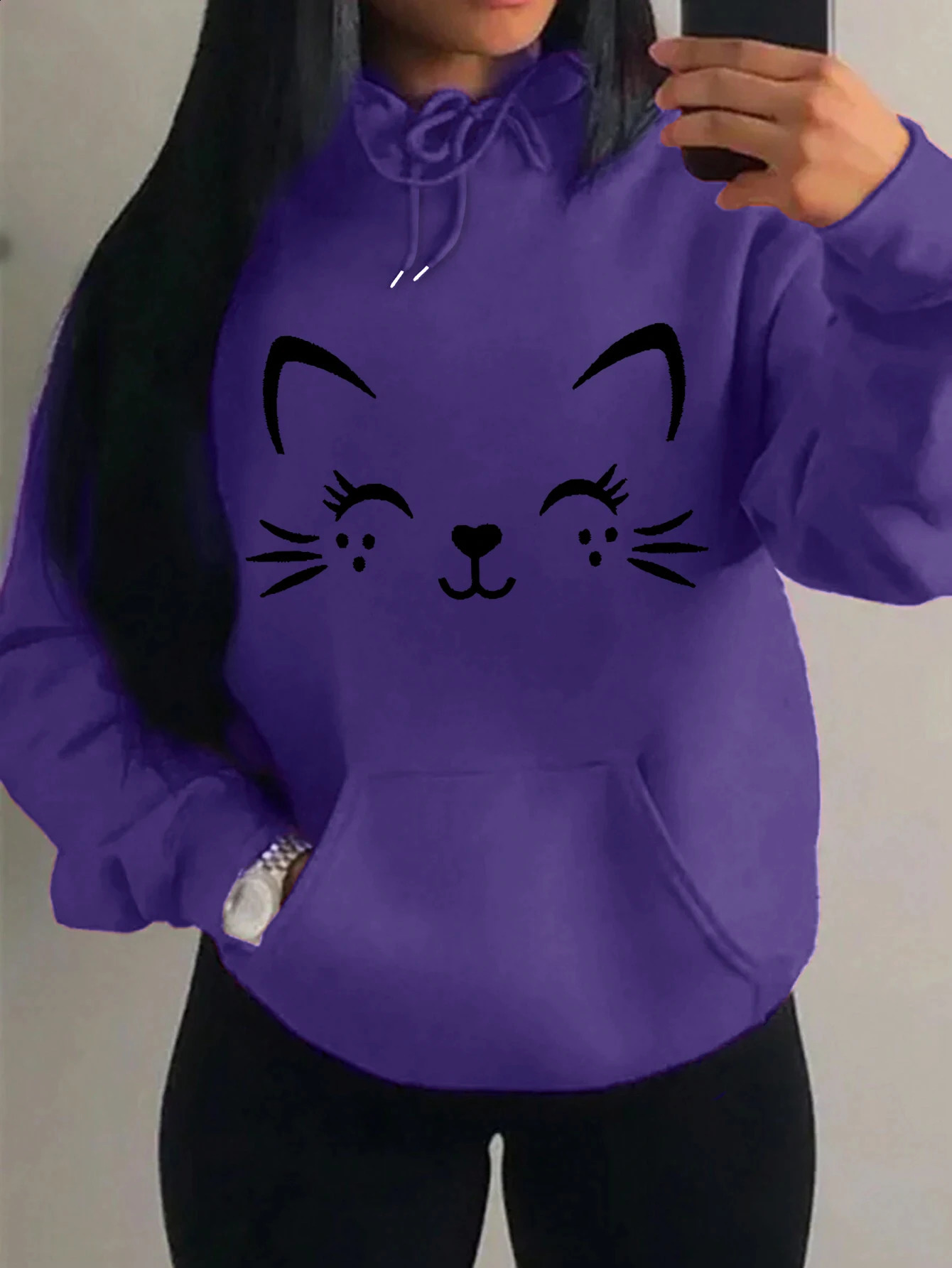 Simple Word Cat Happy Pattern Women Hoodies Fashion Casual Streetwear Personality Hip Hop Hoodie Trendy Fleece Pulloverar 260916