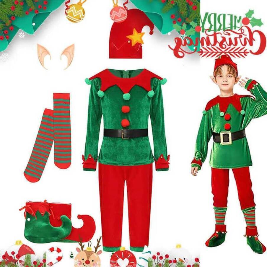 2026 New Yrs 2 12 perfume Kid Deluxe Christmas Elf Costume 7 Pieces cologne Green Red Elevs Suit Top+Pants+Socks+Hat+Belt+Shoes Covers+Ears Santa Un