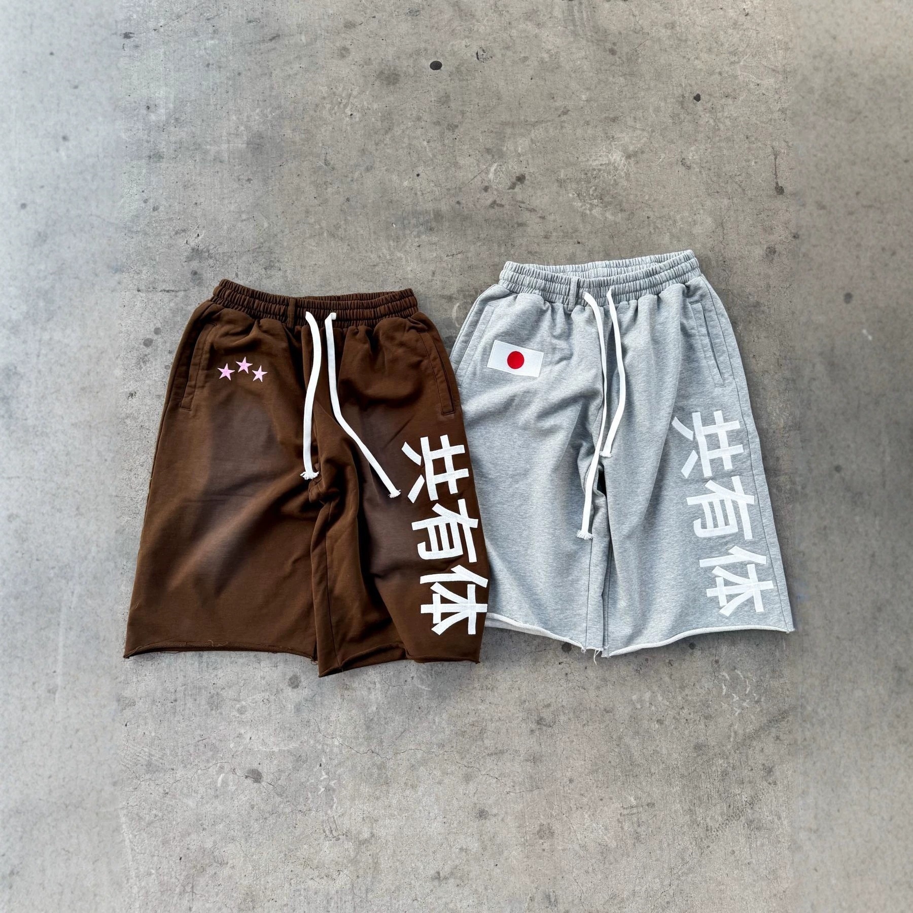 Men's Shorts Distressed Baggy Sweat Men Japanese Kanji Print Japan Flag Patch Drawstring Harajuku Knee Length Street Summer High-street