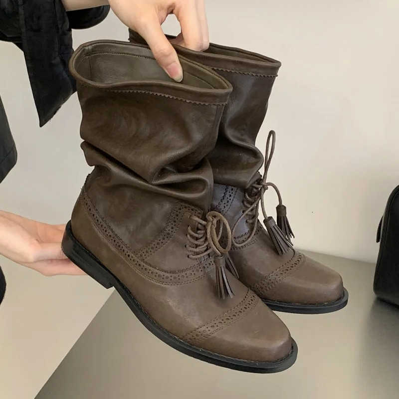 Ankle Vintage Stacked Aneikeh Women Boots Tassel Laceup Low Heel Boots Autumn Winter Pu Leather Western Combat Boots D260916