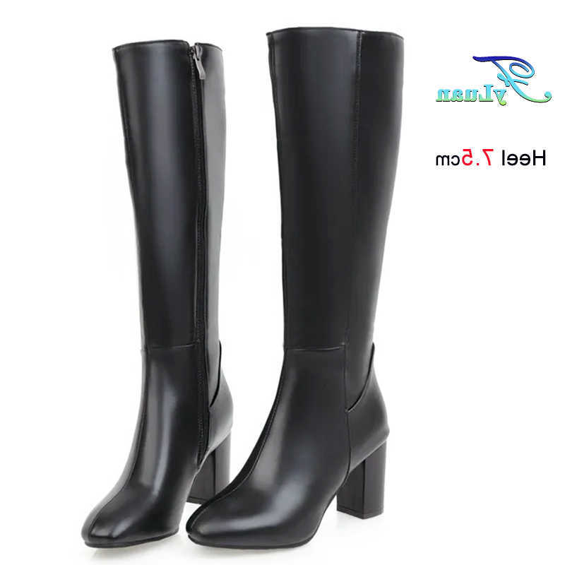 7.5CM Autumn Winter Square Women Heels Side Zipper Pink Long Boots Outdoors Female Shoes fashion Warm Knee-high Leather Boots 48 D260916