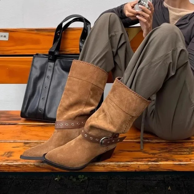 2026 summer pointed wide tube stacking boots women's thick heel versatile mid-tube western cowboy boots 260916