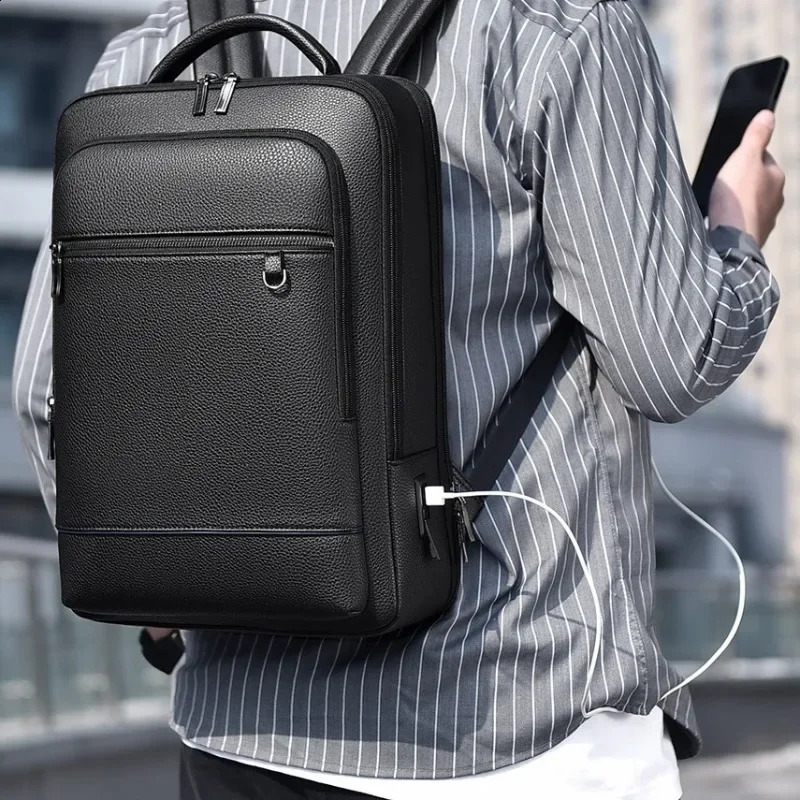 Executive Backpack Men PU Leather Satchel USB Charging Briefcase Office Travel Laptop Office Business Shoulder Back Pack Male 260916
