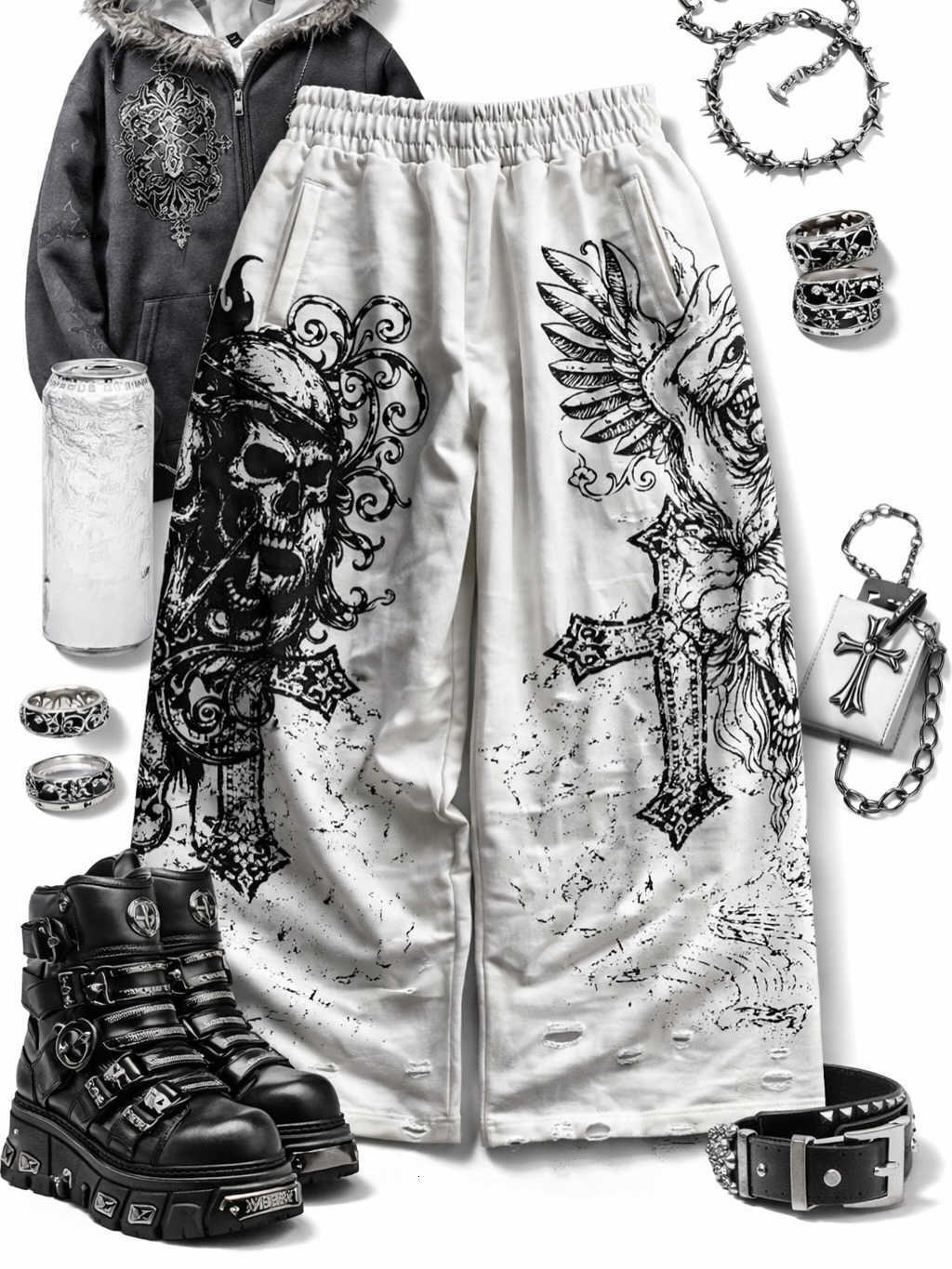 Jogging Pants Y2K Women Men Retro Casual Pants Gothic Skull Print Floor Pants Oversized Pattern Street Fashion Punk Sweatpants D260916
