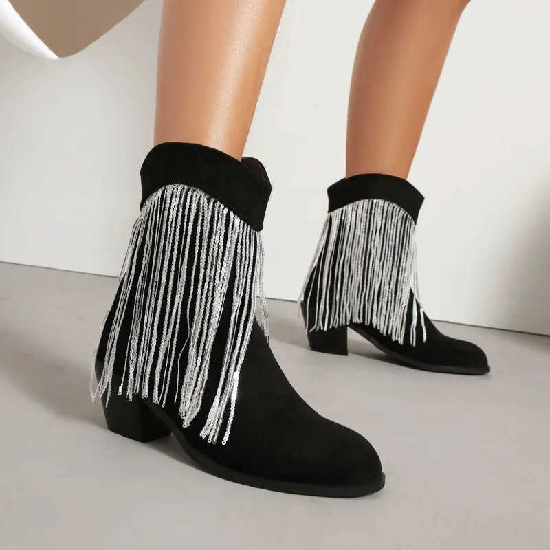 Fringe White Contrast Women's Black Decor Pointed Toe Low Block Heel Western Ankle Boots D260916