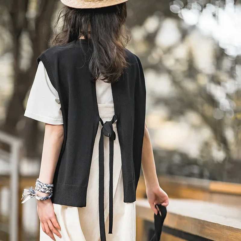 Knitted Maden Women's Casual V-neck Vest Vintage Black Sleeveless Lace-up Sweater Vests Female Knitwear Tops Oversize OutwearW260915
