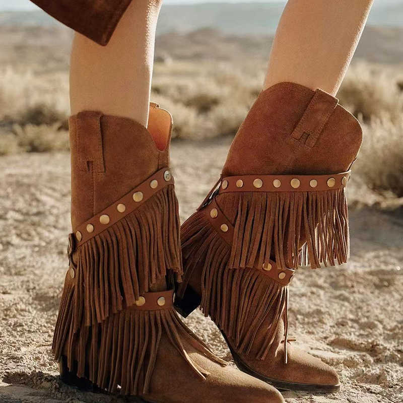 Western Brown Cow Boots Suede 2026 Spring and Autumn Tassel Design Boots for Woman fashion Street Riding Boots D260916