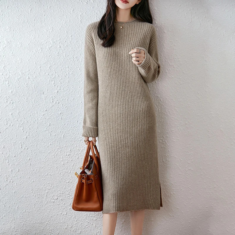 100 pure cashmere women's dress Oneck knitted long skirt casual fashion straight solid color soft selling 260905