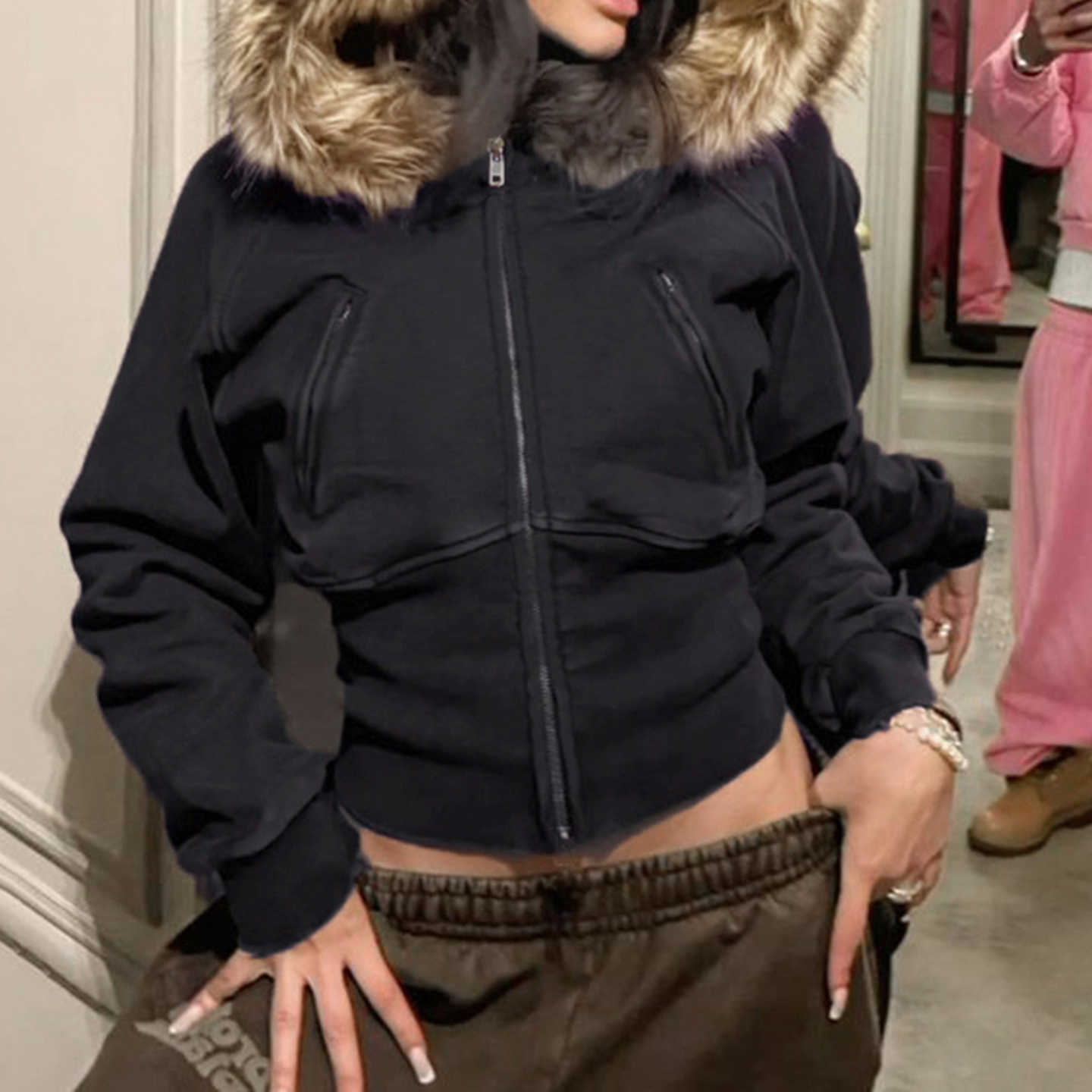 Vintage Waist SUCHCUTE Slim Hair Collar Hooded Sweatshirt Y2k Aesthetic 2000s Zipper Jacket Casual Coat Autumn Winter OuterwearT260916
