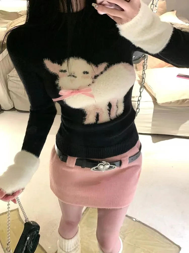 Winter Vingate 2 Piece Set Women Patchwork Elegant Y2k Knitted Skirt Suit Female Korean Fashion n Casual Belt Set 260916