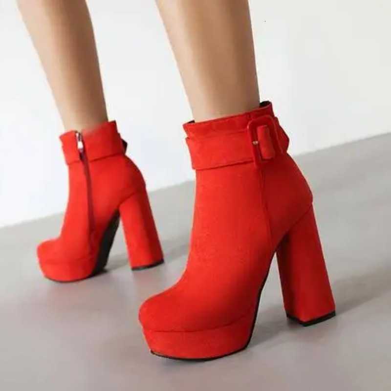 Boots Women Ankle 2025 Sexy Round Toe Block Heels 12cm Platform Zipper Belt Flock Suede Plus Size 45 46 Party Bota D260916