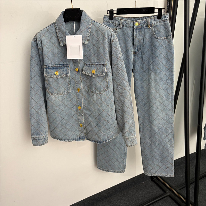 Designer Women Denim 2 Piece Outfit Diamond Stitch Embroidery Shirt Jacket + Wide Leg Jeans Suit Set Vintage Denim Pants Set