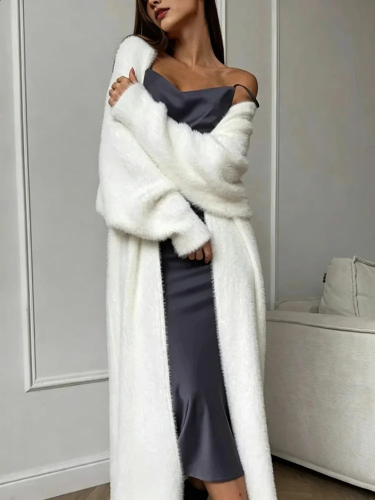 JULISSA MO Autumn Winter Warm Velvet Knitted Women Coat White Long Sleeve Cardigan Coat Female Loose Lengthen Casual Clothes 260916