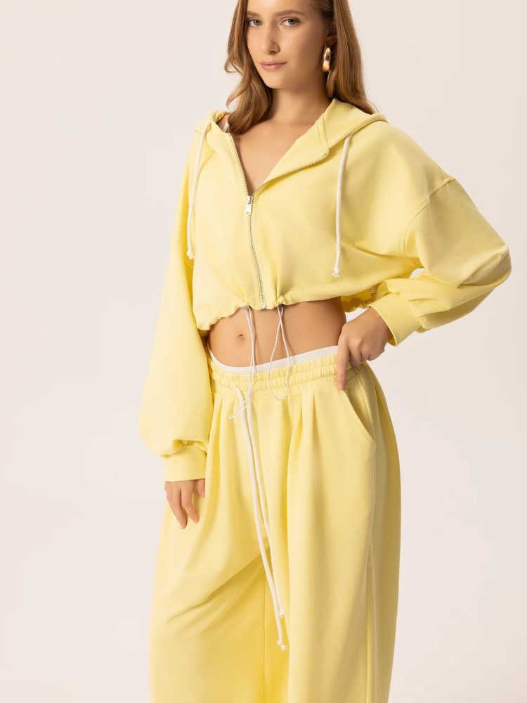 Hooded Solid Zipper women's Tracksuit long slve Cropped top Wide leg pants 2025 summer casual trouser suits daily lady sets S260916IVU9