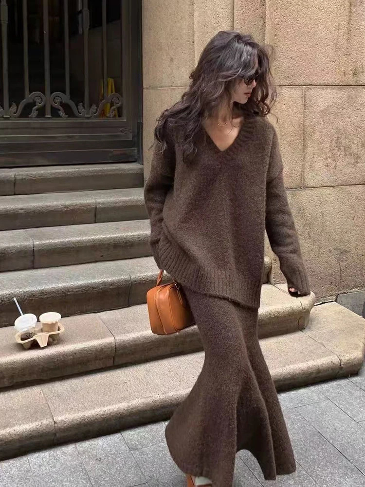 Knitted Sweater Skirts 2 Piece Set for Women Winter Vintage V Neck Loose Warm Pullover Korean High Waist Midi Skirts Set 260916