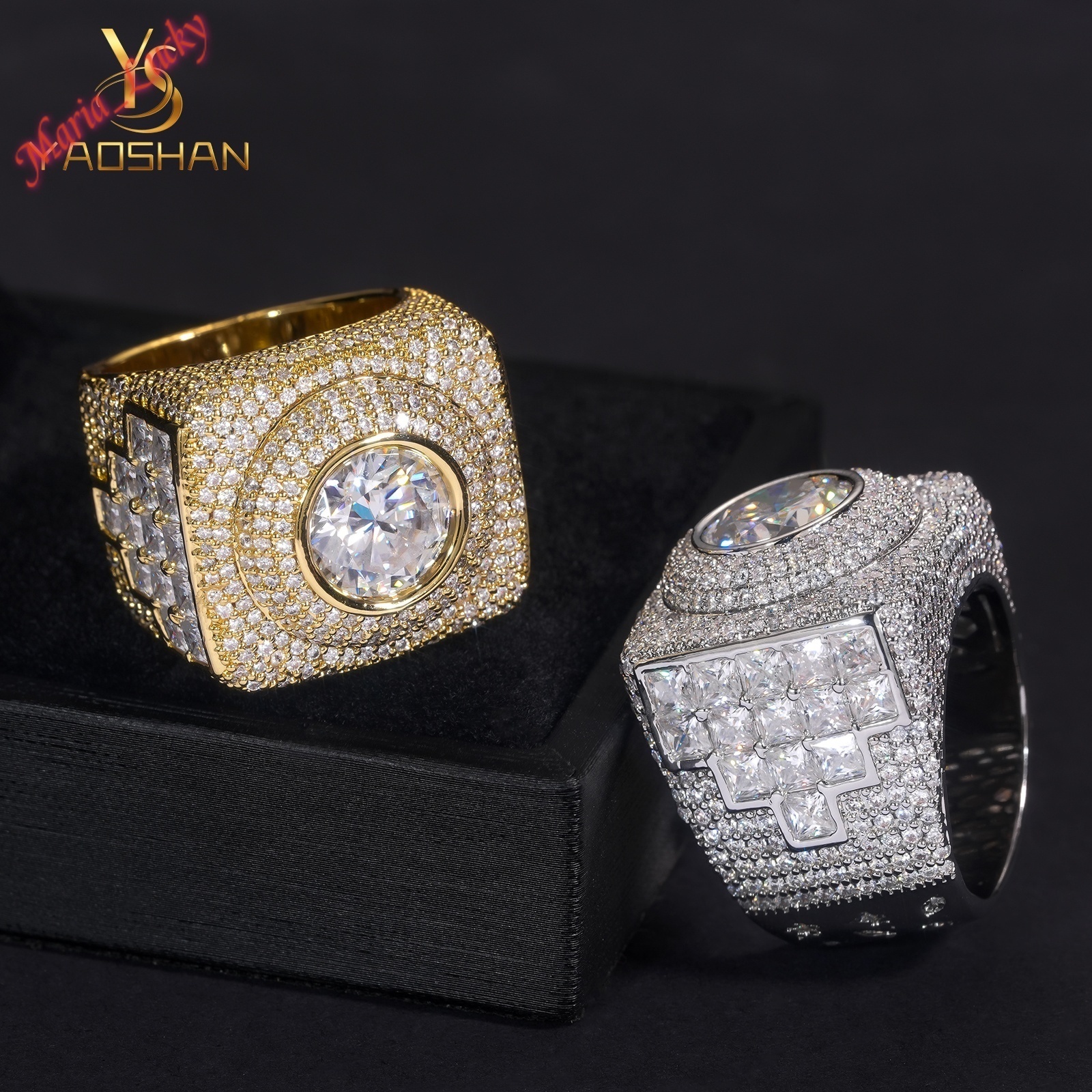 Hot Sale Designer Popularity High Quality Men Square Iced Out Moissanite Ring GRA Certified VVS D Color Gold Plated 925 Sterling Silver Hip Hop Stat