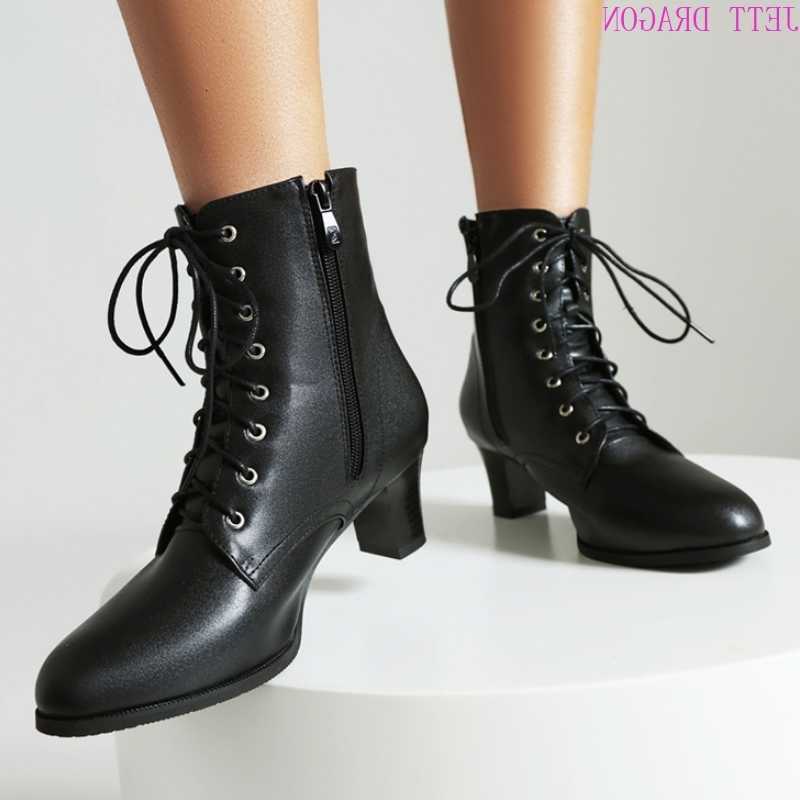 Ankle Boots Lace-up Black Women's Beige Short Boot Female Comfortable Low Heels Autumn Winter Party Dance Shoes Large Size 48 D260916