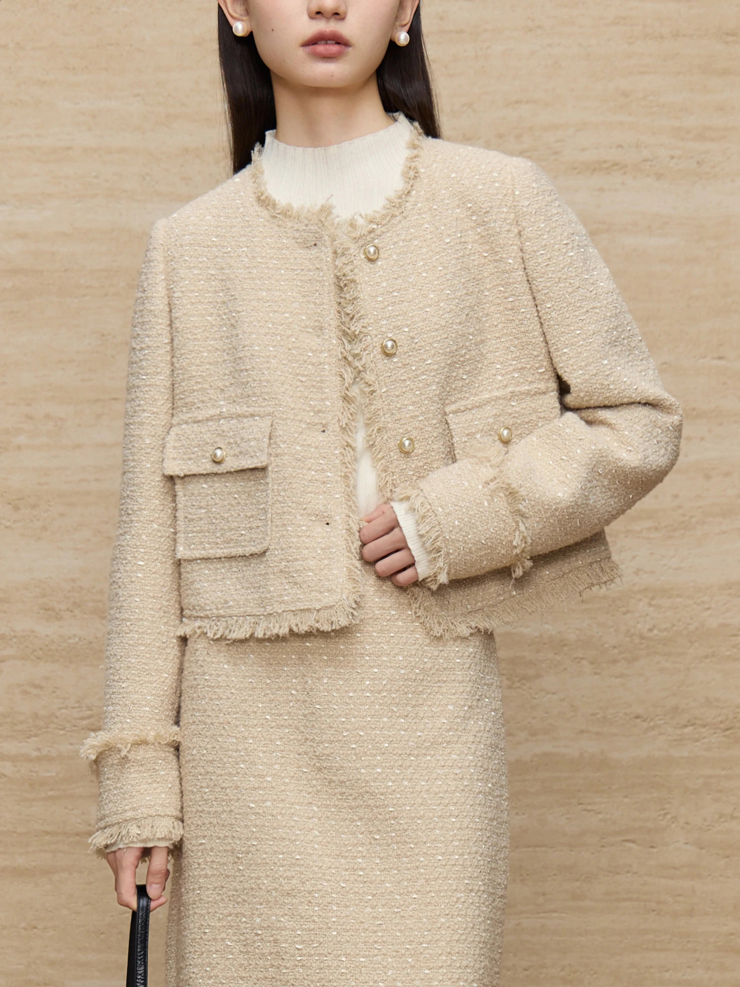 ZIQIAO Women Tweed Jacket Skirt Sets 26.6% Wool Apricot Short Round Neck Coats Female Long A-LINE Skirt 24ZQ9417024ZQ94171 260916