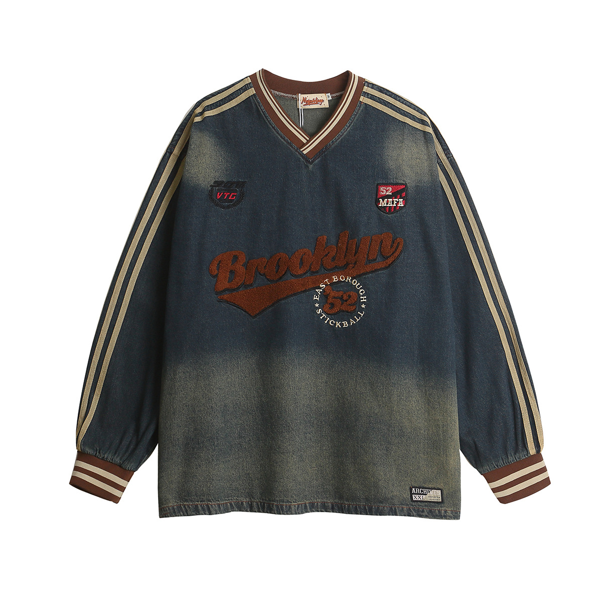 Men V Neck Denim Sweatshirt Vintage Washed Embroidered Long Sleeve Casual Loose Top