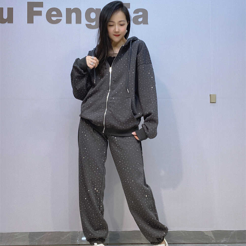 Spring Women Full Starry Diamonds Beaded Hooded Jacket Zipper Sports Crystal Sweatshirt Cardigan Coat + Drilling Pants 2Pcs Set S260916M3HR