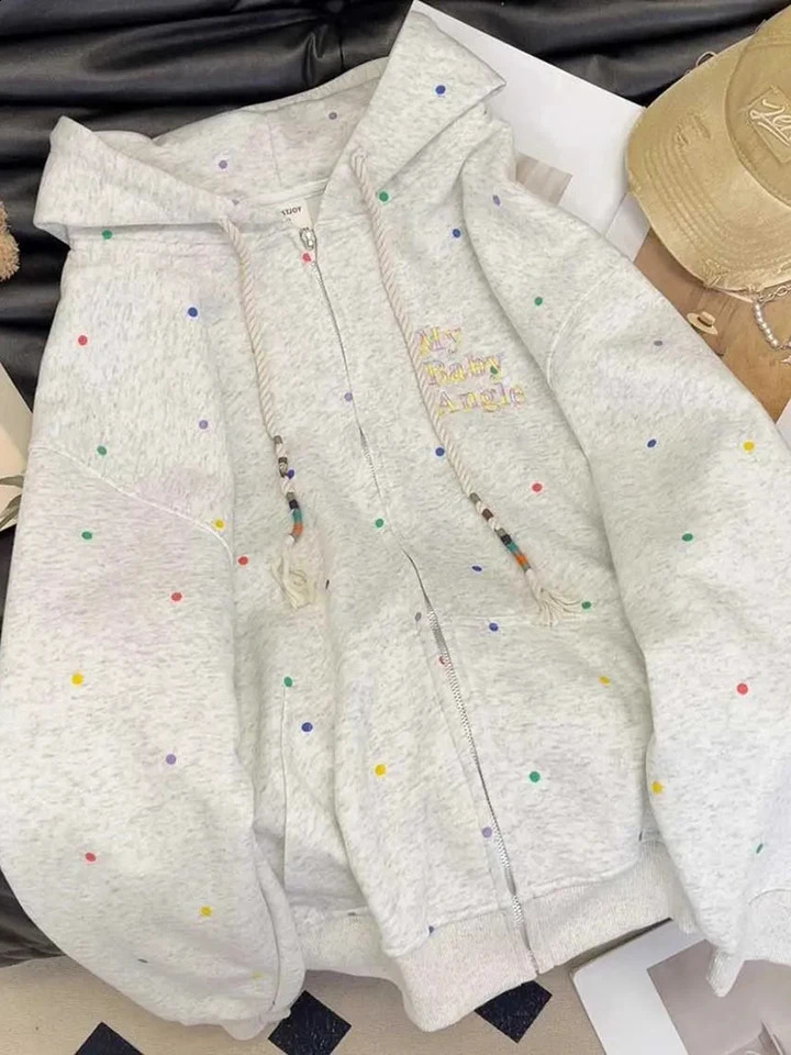 Zoki Vintage Dot Sweet Hoodies Women Letter Embroidery Cute Loose Sweatshirts Casual Preppy Style Long Sleeve Lady Japan Tops 260916