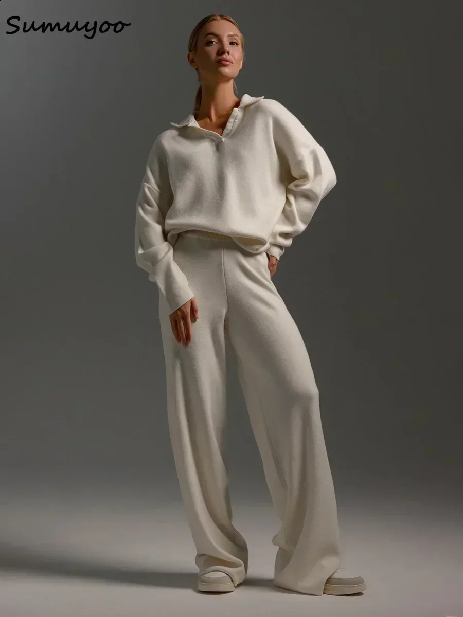 Sumuyoo Winter Thick Women Knitted Suits Cashmere Soft 2 Pieces Sets Female Polo Neck Sweater Wide Leg Pants Knitted Outfit 260916