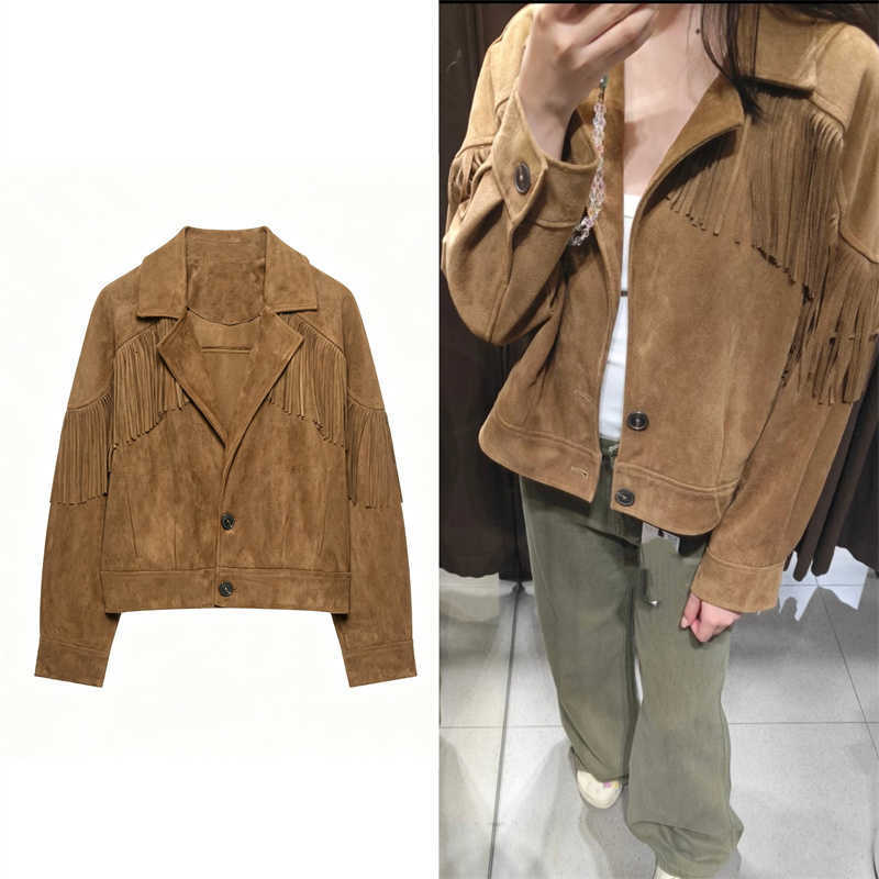Jacket Guobioziy Women's 2026 Fall/Winter New Fashion High-End Suede-Like Long Sleeve Turn-Down Collar Fringe Jacket CoatT260916