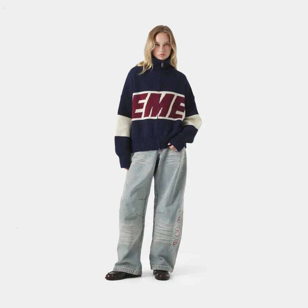 EME Studios Hoodie Eme Retro Original Style Color Contrast Letter Knitted Cardigan Y2k American Casual Zipper Sweater For Men And Women 260202 585