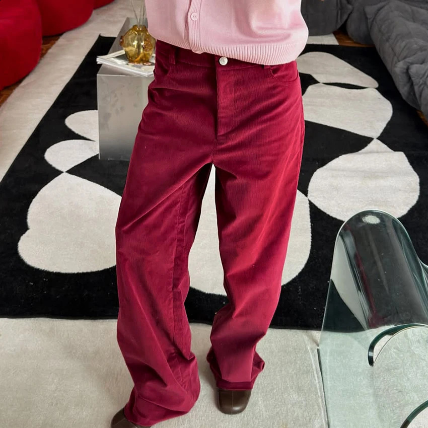 Linad Autumn Street Chic Red Corduroy Trousers Female Vintage Zipper Straight Pant Women 2026 Office Lady Slim Long Pants Button 260916