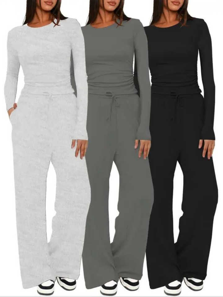 Solid Women's Ruched Drawstring Loungewear Set Casual Long Slve Round Neck Top Pocket Wide Leg Trousers 2 Pieces Set S260916EDFZ