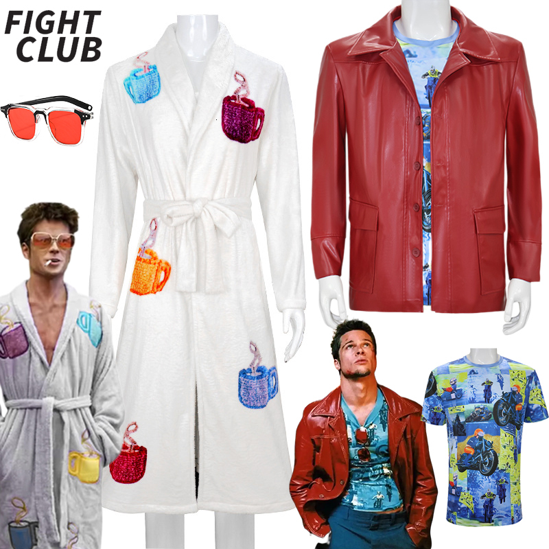 Durden Cosplay Movie Fight Club Costume Tyler Jacket PU Leather Bathrobe Glasses Full Set Men Halloween Carnival Outfit