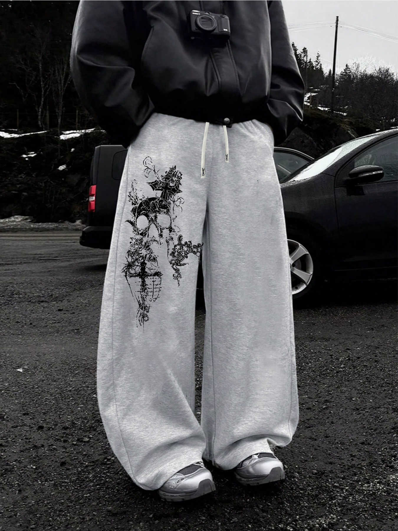 Men's Autumn/Winter Straight-Leg Sweatpants Skull Print Casual Stylish and Versatile Suitable for Sports and Daily Wear D260916