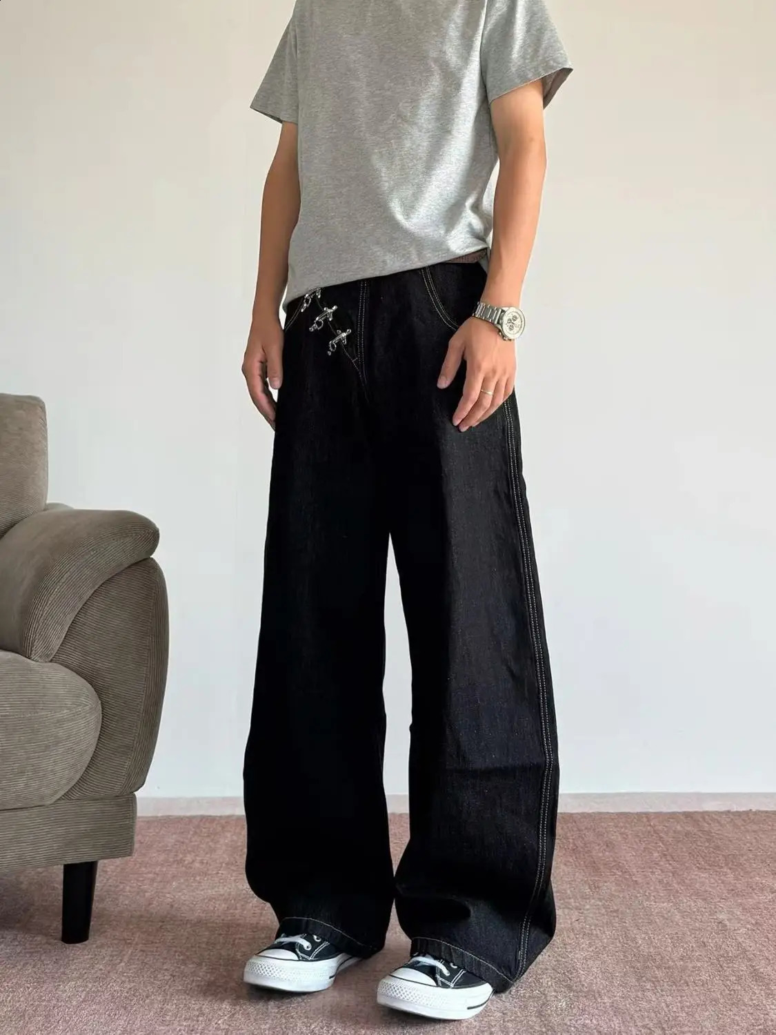 Men's Oblique Metal Buckle n Jeans Spring Street Pants Cool Boys High Waist Sweatpants Male Casual Wide Leg Trousers 260916
