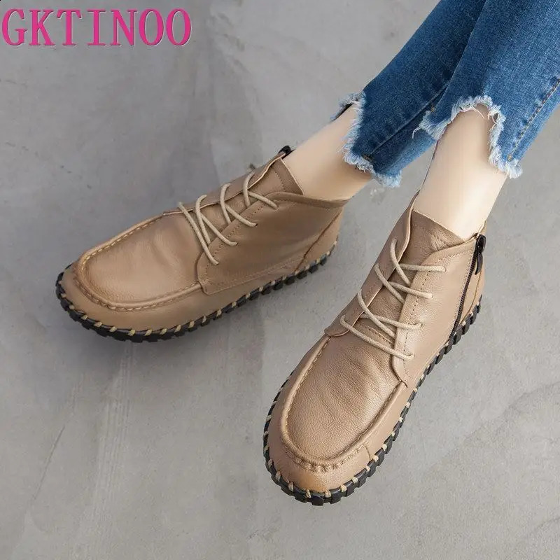 GKTINOO 2026 Vintage Style Genuine Leather Women Boots Flat Booties Soft Cowhide Womens Shoes Ankle zapatos mujer 260916