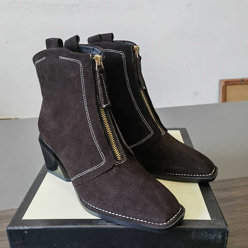 Western Women Cow Boots Suede High Heels Block Heels Front Zipper Square Toe Ladies 2026 New Autumn Winter Ankle Boots D260916