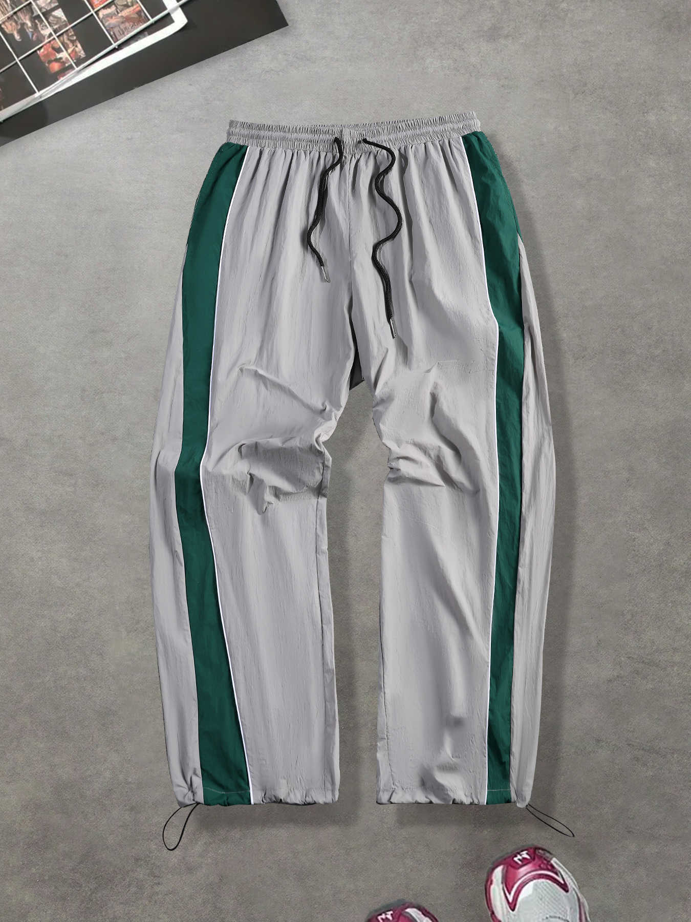 Side Green Colorblock Men's Gray Stripe Track Pants Spring Fall Quick Dry Drawstring Joggers D260916