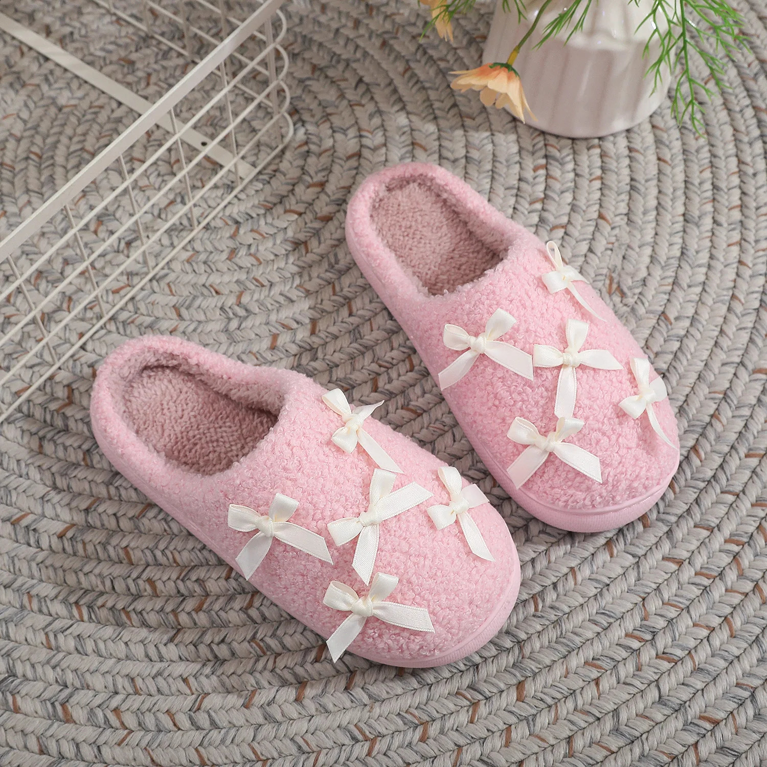 Women Pink Bowknot Cute Fuzzy Plush Slippers Autumn Winter Warm Soft House Shoes For Indoor Bedroom Home Wear 260917